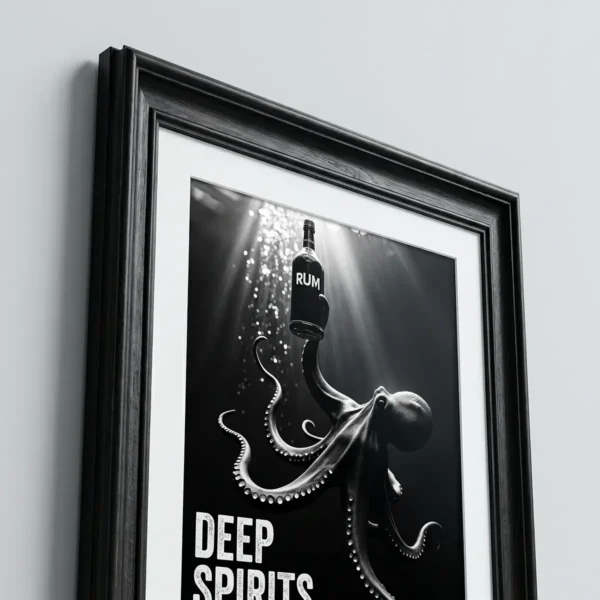 Framed black-and-white poster: an octopus holding a bottle labeled 'RUM', with 'DEEP SPIRITS' text at the bottom in a grayscale artwork.