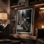 Framed black-and-white poster of an octopus holding a bottle labeled 'RUM' with the text 'DEEP SPIRITS' in a rustic lounge setting.