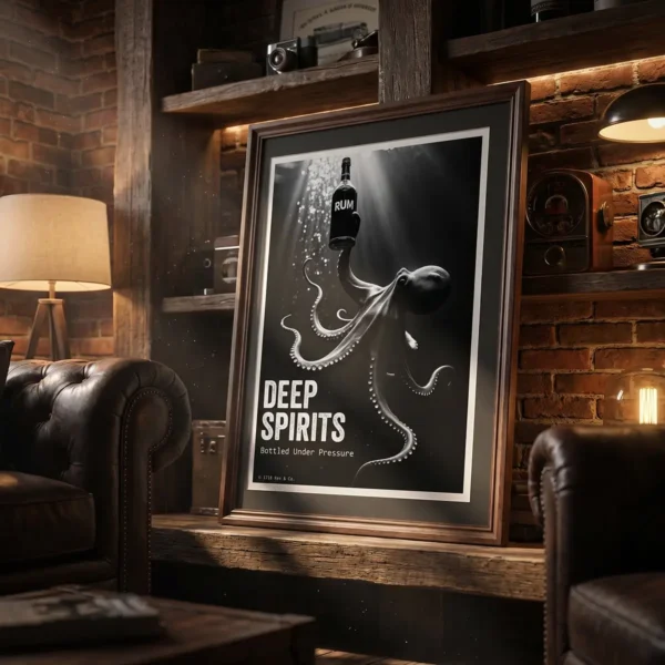 Framed black-and-white poster of an octopus holding a bottle labeled 'RUM' with the text 'DEEP SPIRITS' in a rustic lounge setting.