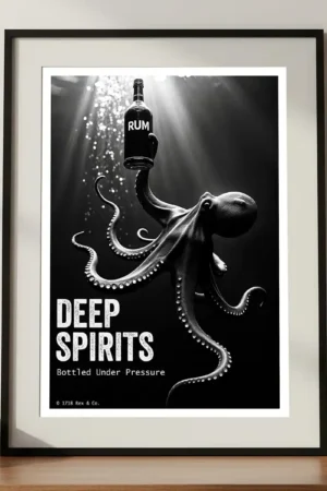 Deep spirits black and white rum print in a black frame