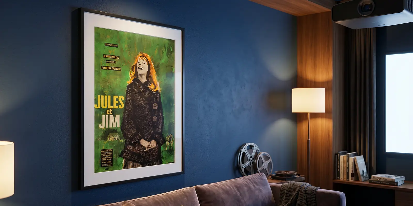 Framed colorful poster of Jules et Jim on a blue wall in a cozy living room with a projector above.