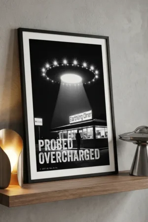 Probed Overcharged print on blue wall