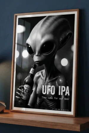UFO IPA art print on blue wall