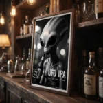 Framed black-and-white poster of an alien holding a beer bottle with the text 'UFO IPA' at a rustic bar backdrop.