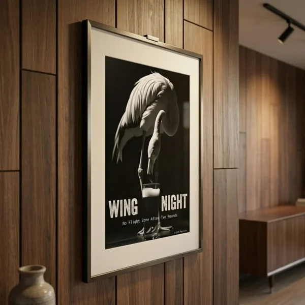 Wing Night print on wooden wall