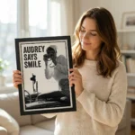 Woman holding Audrey Says smile art print
