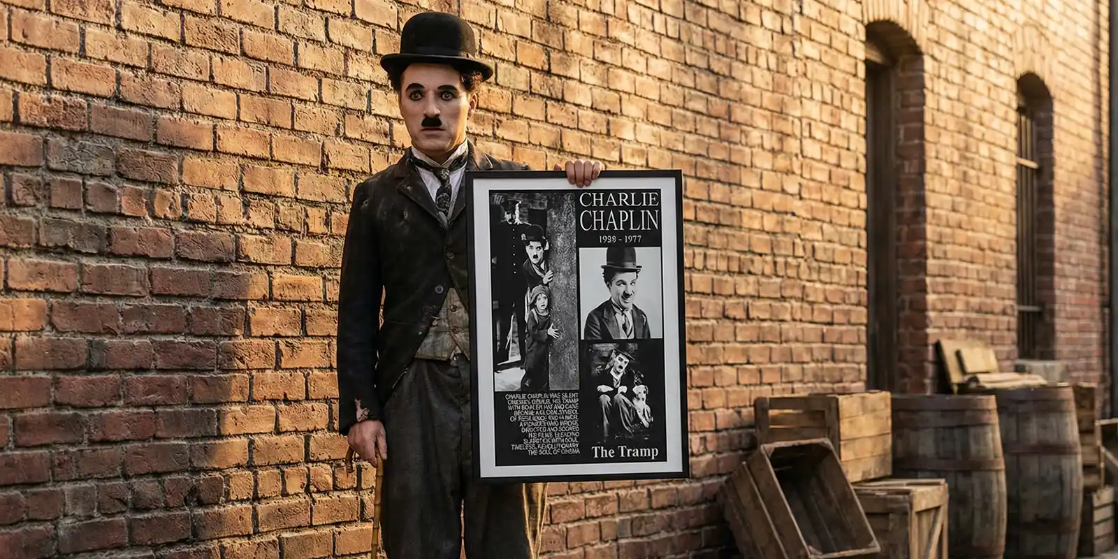 AI generated image of Charlie Chaplin holding Seeress Charlie Chaplin printable art poster