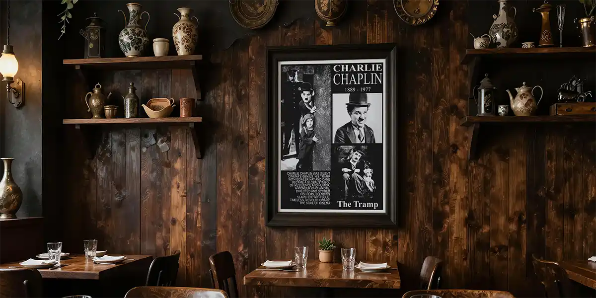 Charlie Chaplin Silent Movie Print in Rustic Restaurant