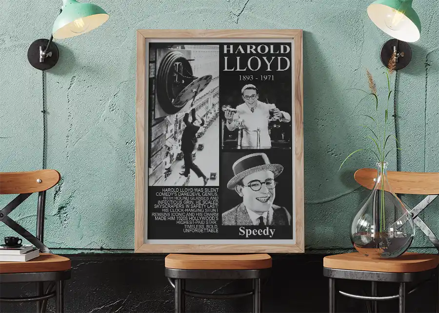 Harold Lloyd print in rustic room