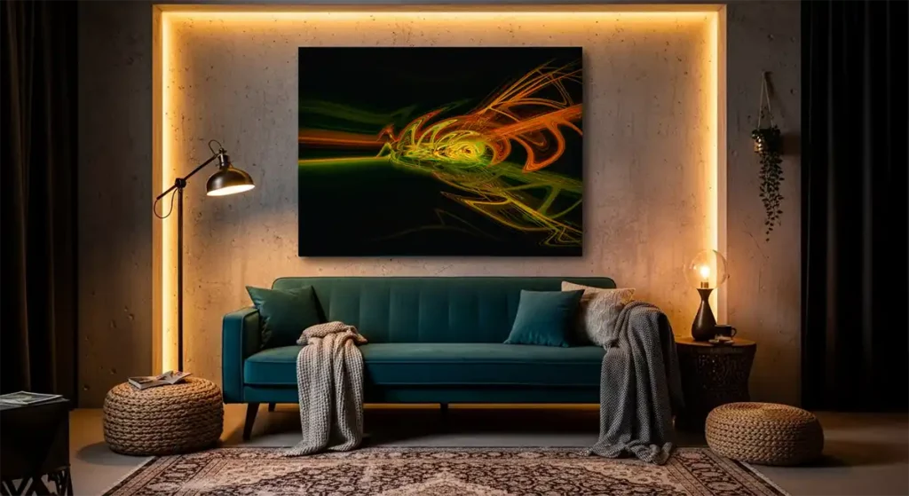 Living room with the Ripple in Time luminous art