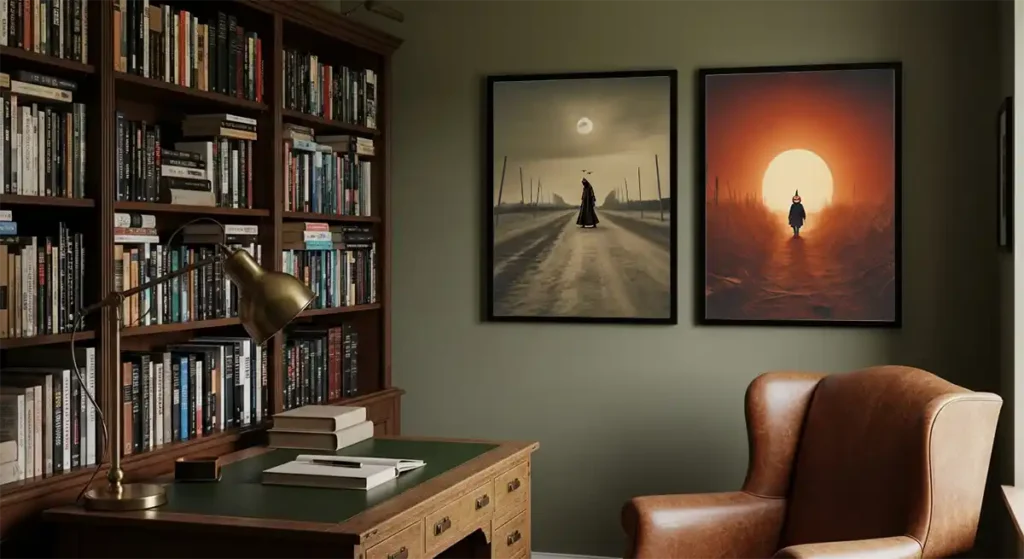 Grim Reaper and Scarecrow prints in study