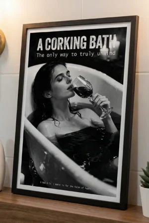 A Corking Bath black and white print in bathroom
