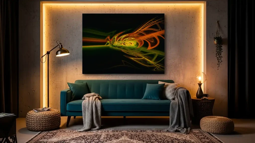 Luminous abstract wall art above sofa in modern living room — Michael Paul Bennett style