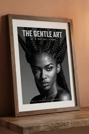 Defiant Crown black and white print on shelf in peach room