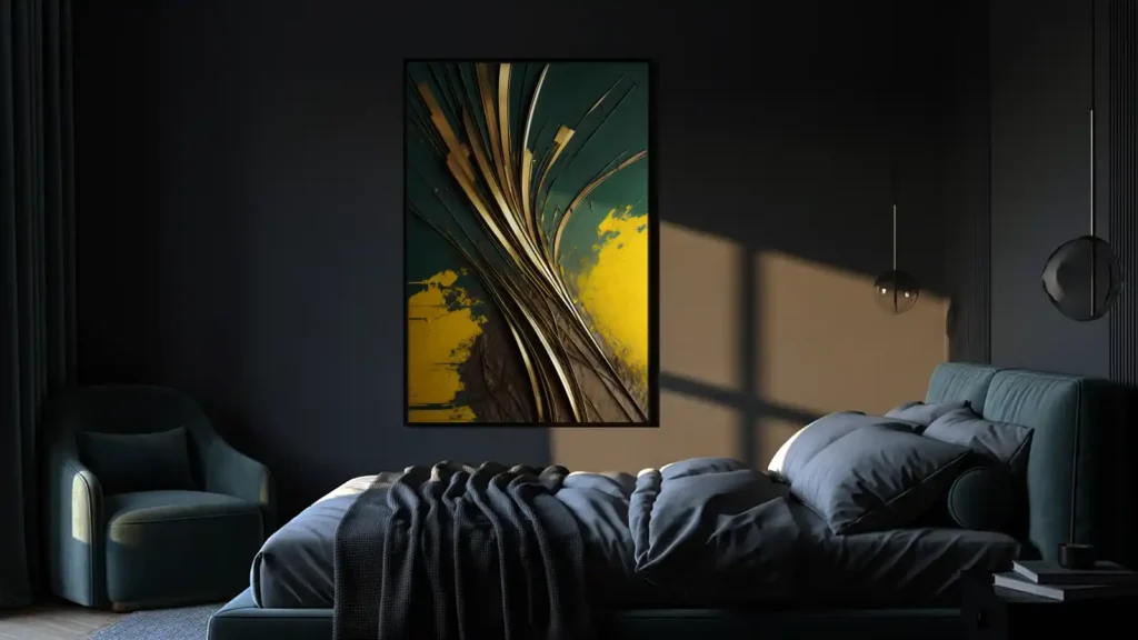 Seeress abstract gold yellow and green printable art above bed