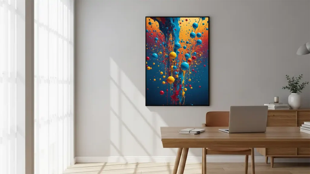Vibrant Duncan Young abstract print in a modern home office