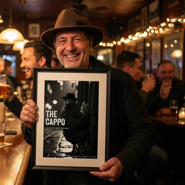 The Cappo Art Print held by a man in a bar wearing a fedora hat