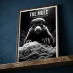 Framed black-and-white poster of a mole wearing glasses, peering over a pile of noodles on a wooden shelf.