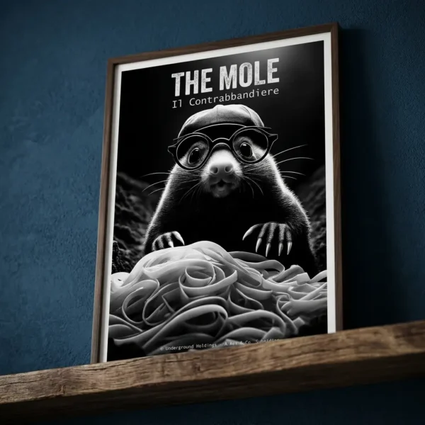 Framed black-and-white poster of a mole wearing glasses, peering over a pile of noodles on a wooden shelf.