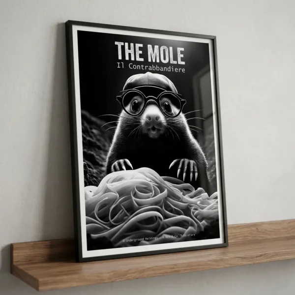 Framed black-and-white poster of a mole wearing glasses and a cap, peering over a pile of coiled ribbons; title reads “THE MOLE Il Contrabandiere.”