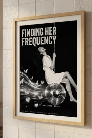 Woman on disco ball swing art print on tiled wall