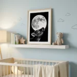 Calf and moon print on nursery shelf
