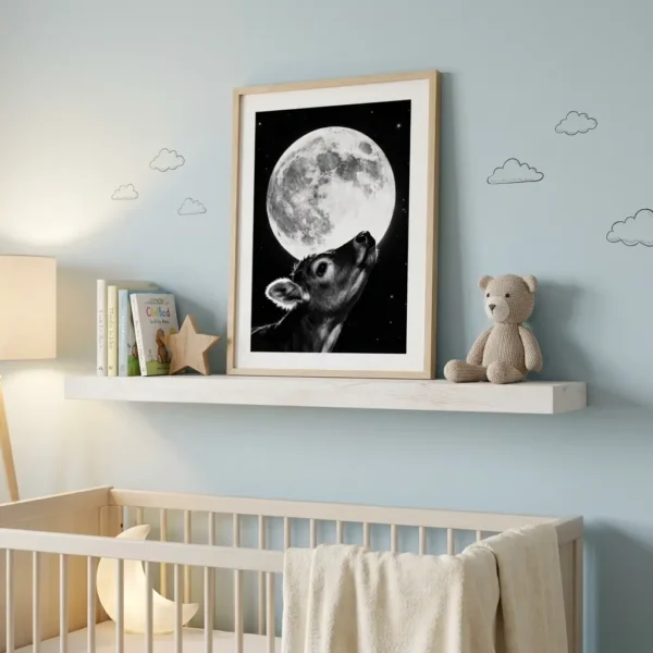 Calf and moon print on nursery shelf