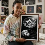 Girl holding cat and dog dreaming art print