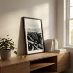 Lauterbrunnen art print leaning on cabinet
