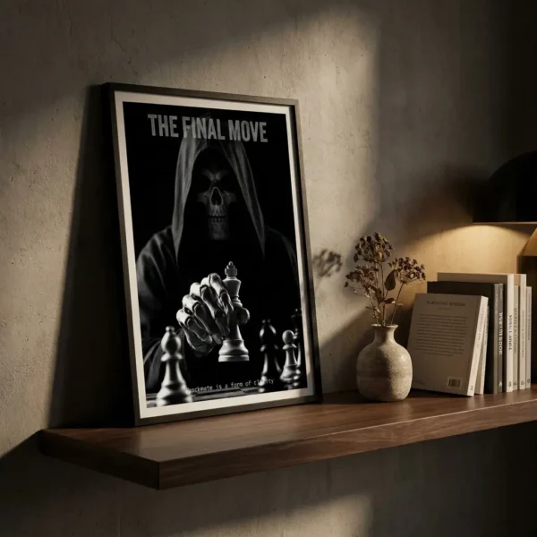 Framed black-and-white poster titled 'THE FINAL MOVE' showing a hooded skull holding a chess piece, leaning on a wooden shelf with a vase and books nearby.