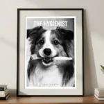 The Hygienist Dog with Toothbrush A3 Frame on Cabinet