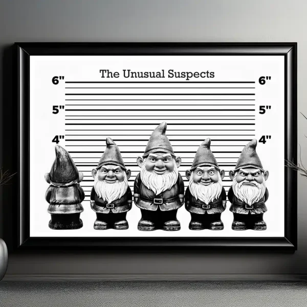 The Unusual Suspects gnomes art in black frame The Unusual Suspects gnomes art in black frame