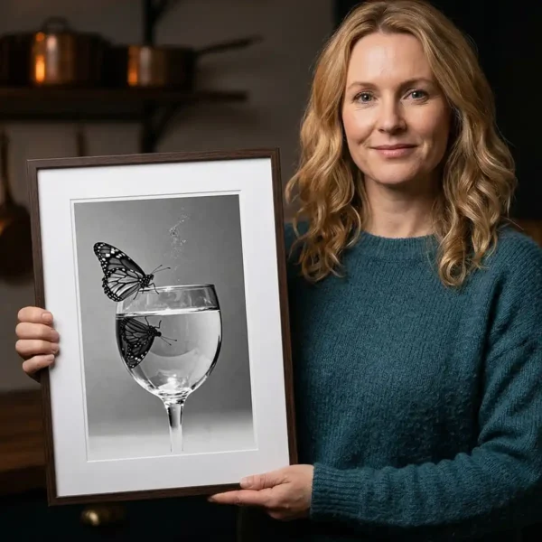 Woman holding butterfly on wine glass art print