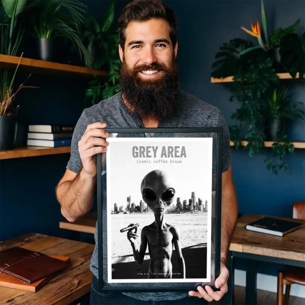 Grey Area Alien Cigar art print held by Hipster