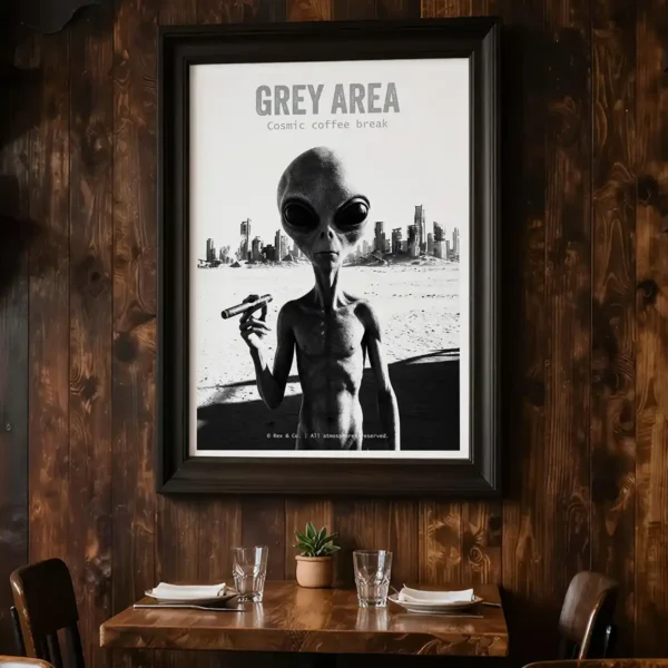 Grey Area Alien Smoking Black and White Art Print in A3 frame in eclectic restaurant