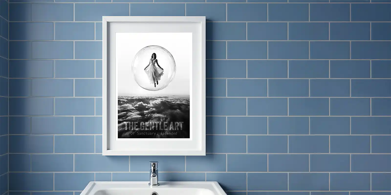 Sanctuary Ascended black and white print of woman in bubble in bathroom