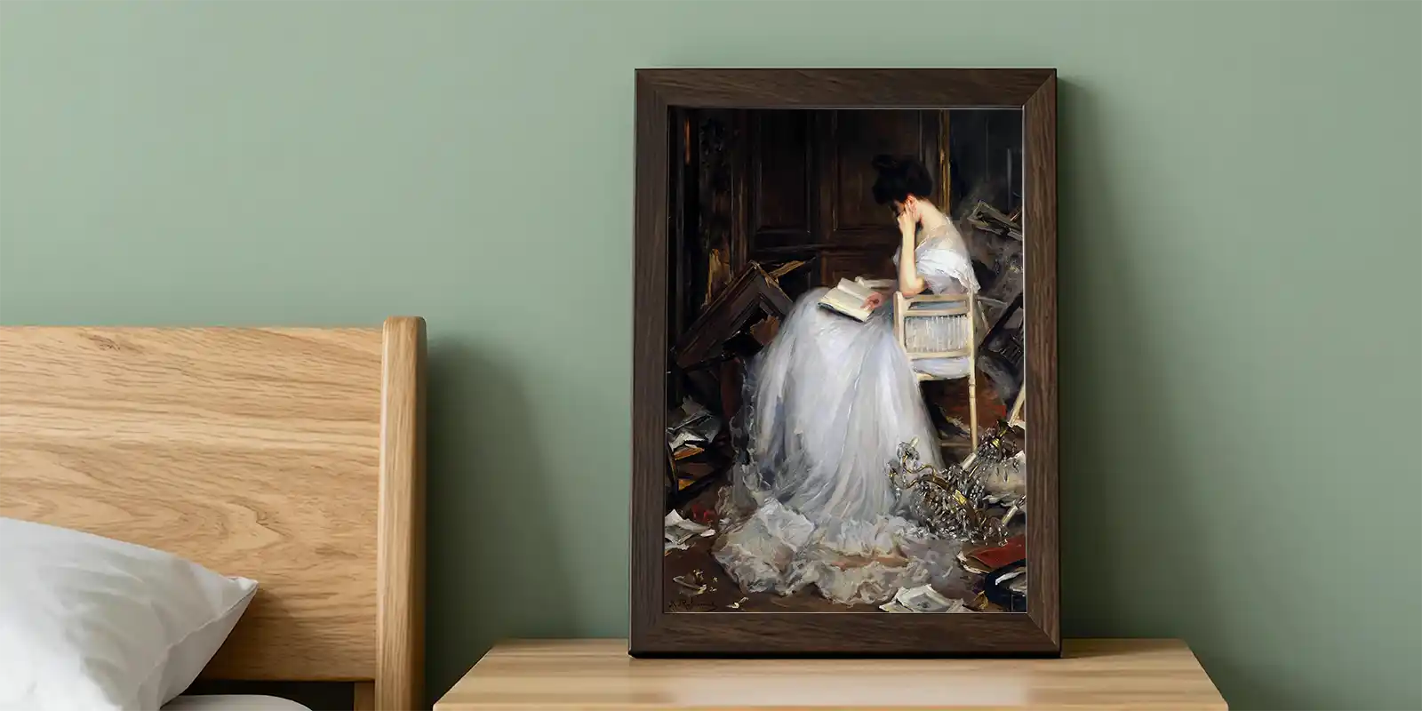 Woman Reading after the carnage print in bedroom