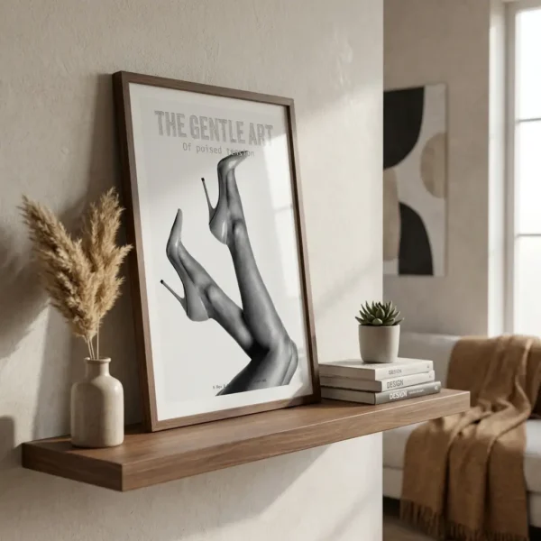 Poised Tension print on wooden shelf