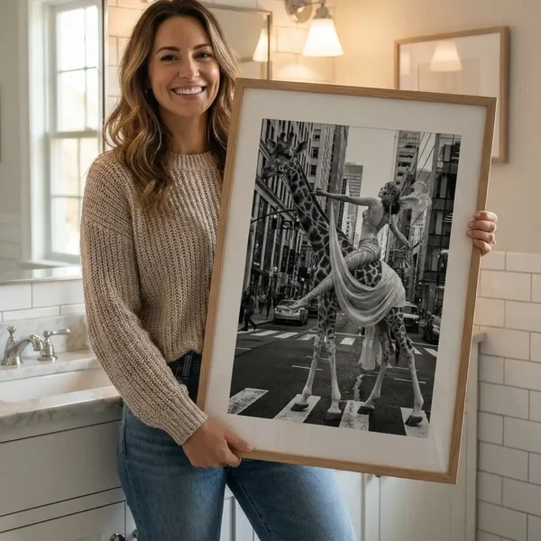 Smiling woman holding Woman on a Giraffe print by Rex and Co