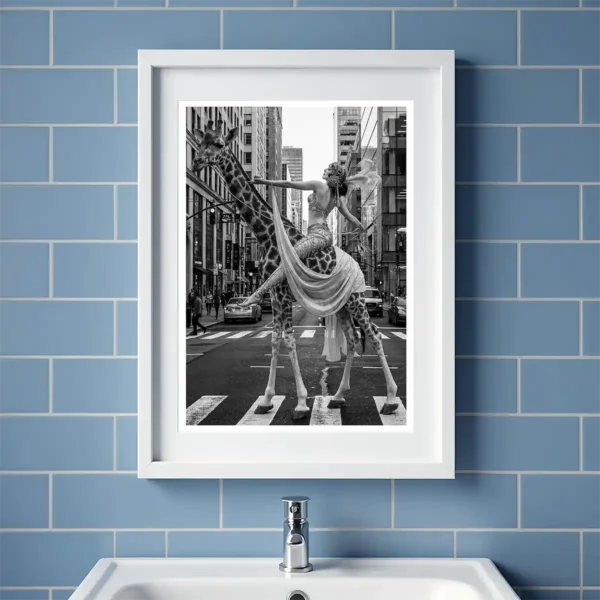 Woman on giraffe black and white print in bathroom