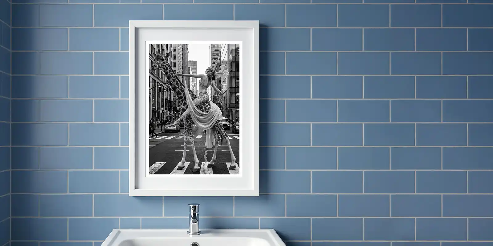 Woman on giraffe print in bathroom