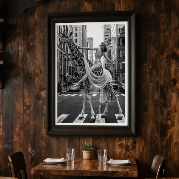 Woman on giraffe print in restaurant