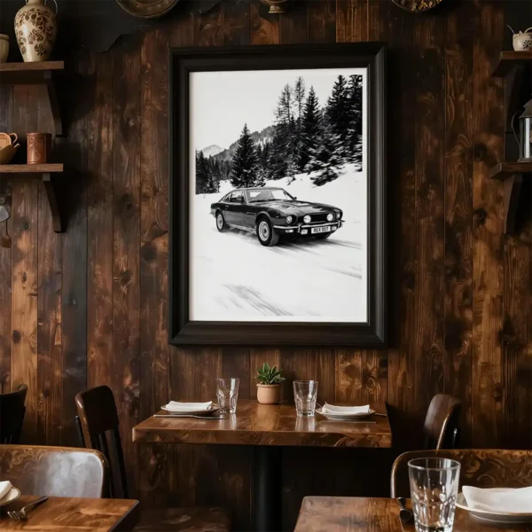 Aston Martin V8 black and white print in restaurant