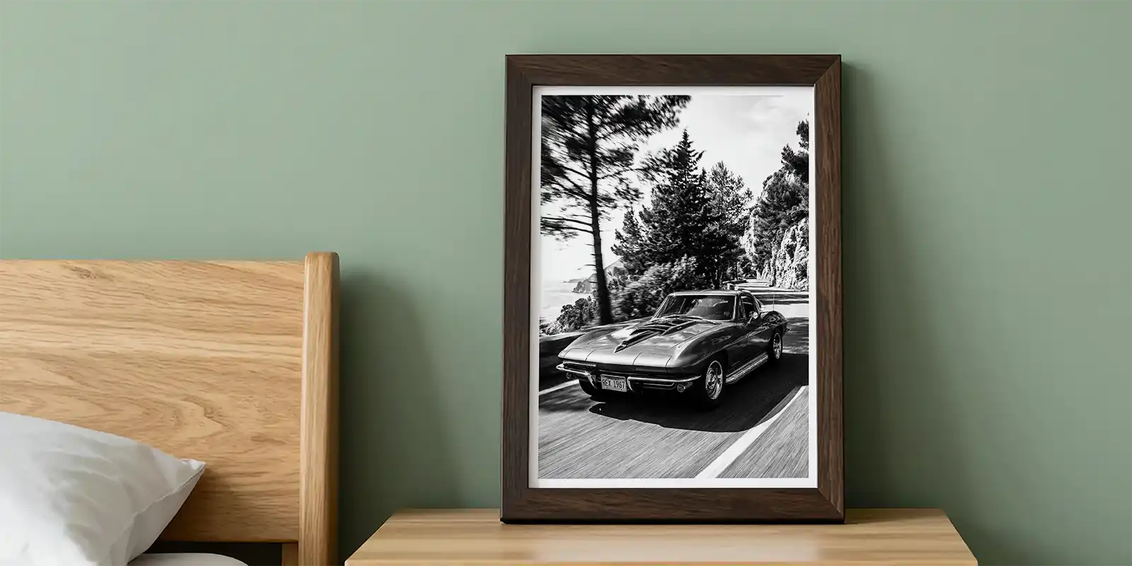 Corvette print on bedside cabinet