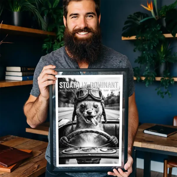 Hipster Holding picture of a weasel in vintage racing car