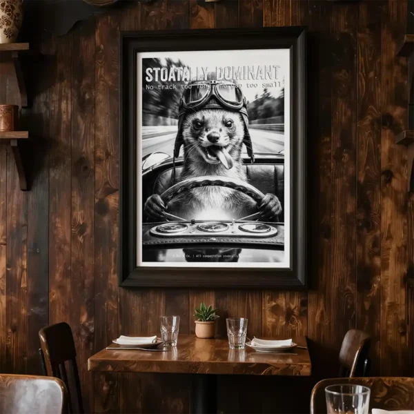 Picture of weasel in racing car in rustic restaurant