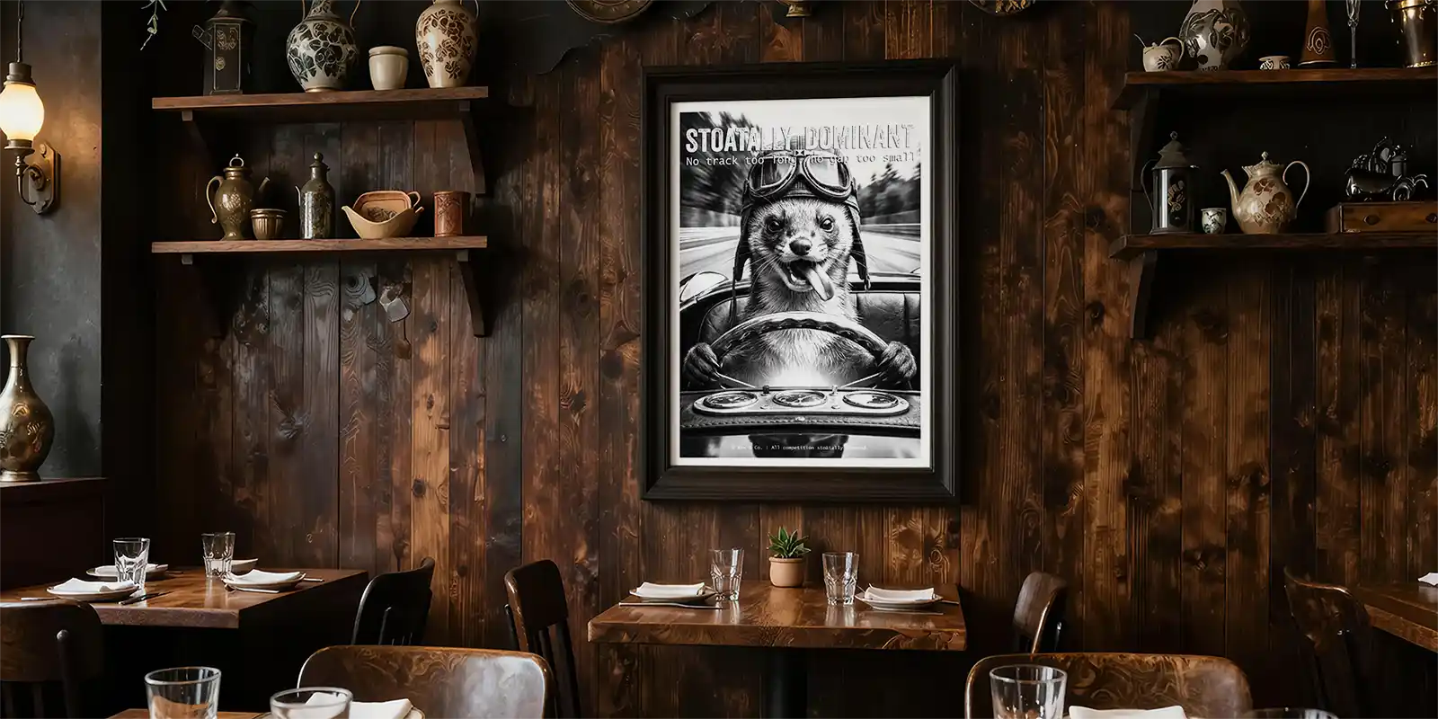 Picture of weasel in vintage racing car in rustic restaurant