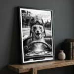 Stoatally Dominant art print on wooden shelf