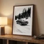 V8 print on wooden shelf