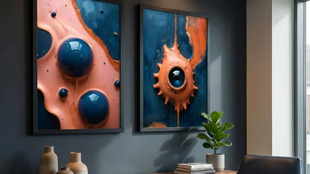 Earth Shades and Blue Toned Abstracts on office wall